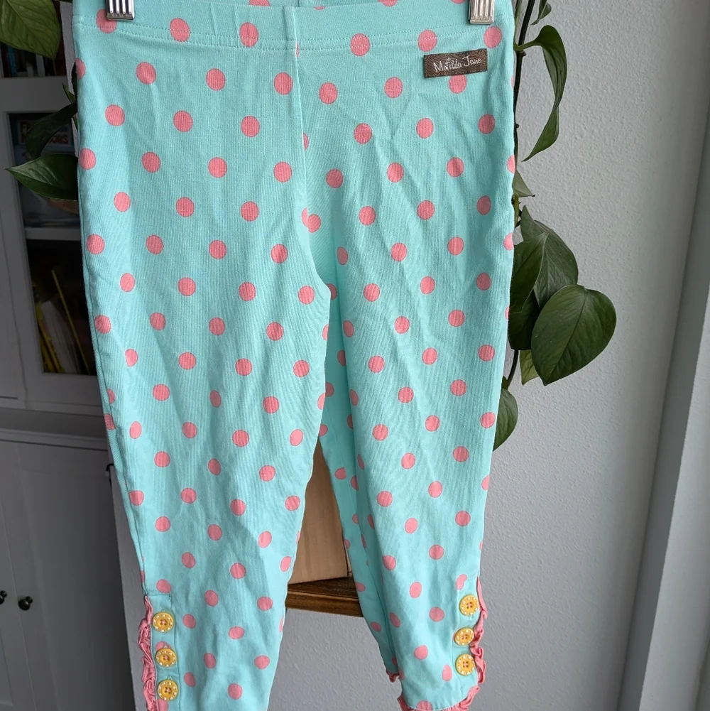Matilda Jane Aqua & Pink Polka Dot Ruffle Capri Pants - Size 10
